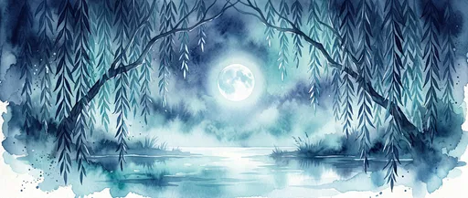 Watercolor Weeping Willow Moonlit Lagoon