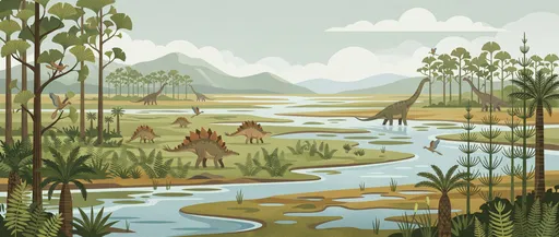Mid-Century Jurassic Wetland Dinosaur Illustration
