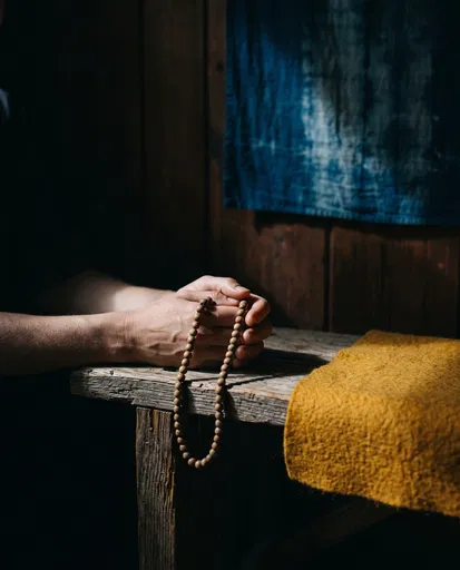 Hands Holding Wooden Prayer Beads