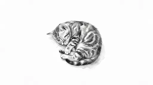 Monochrome Watercolor Sleeping Tabby Kitten