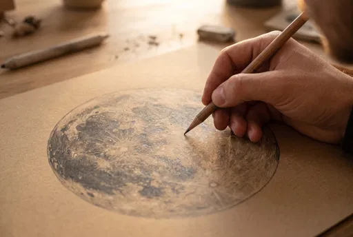 Artist Drawing Detailed Moon With Pencil