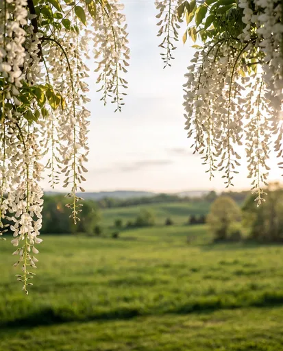 White Wisteria Vines Framing Green Meadow