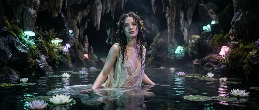 Mythical Water Nymph in Bioluminescent Cave
