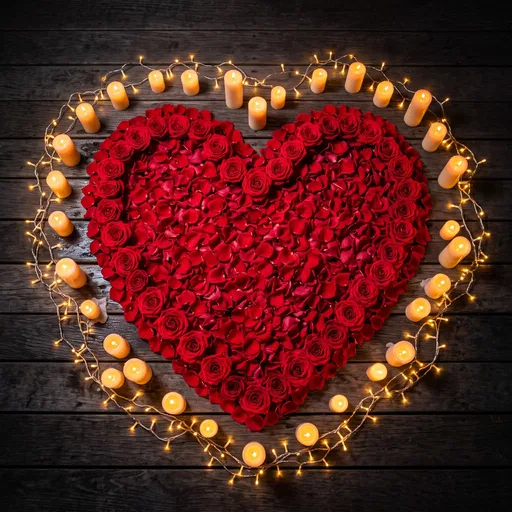 Red Rose Heart Surrounded by Candles