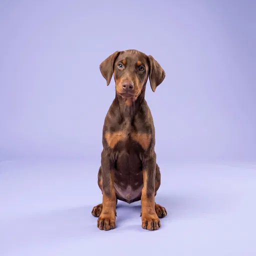 Red Doberman Puppy on Lavender Backdrop