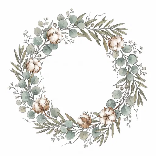 Hand-Drawn Botanical Cotton and Eucalyptus Wreath