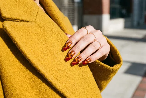 Tortoiseshell Coffin Nails on Mustard Coat