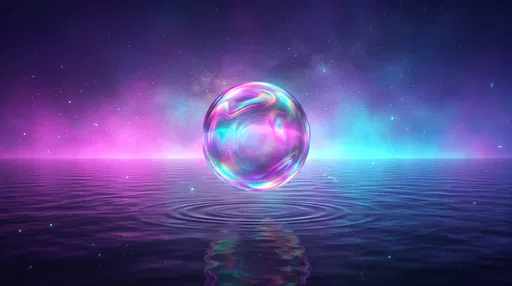 Iridescent Sphere Hovering Over Neon Water