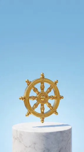 Golden Dharmachakra Floating Above Marble Pedestal