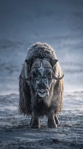 Frosted Arctic Muskox on Snowy Tundra