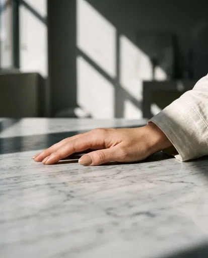 Manicured Hand Resting on Marble Countertop