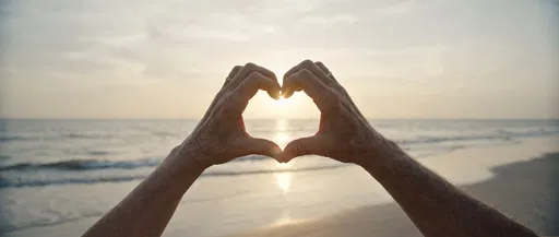 Older Hands Forming Heart at Sunset Beach