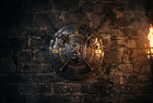 Medieval Lion Crest Shield on Stone Wall
