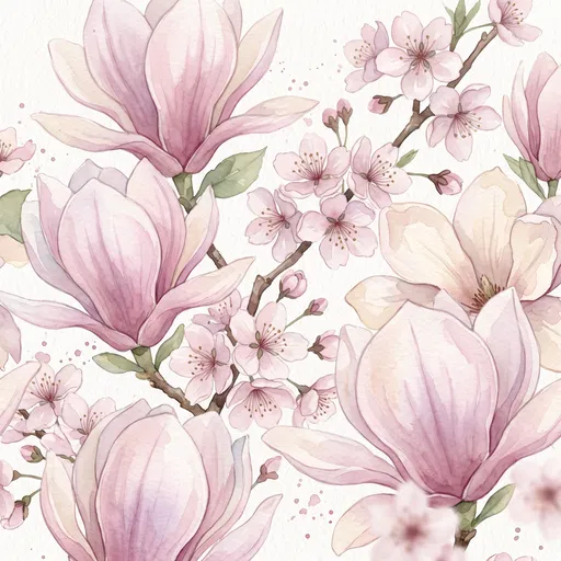 Pastel Watercolor Magnolia and Cherry Blossoms