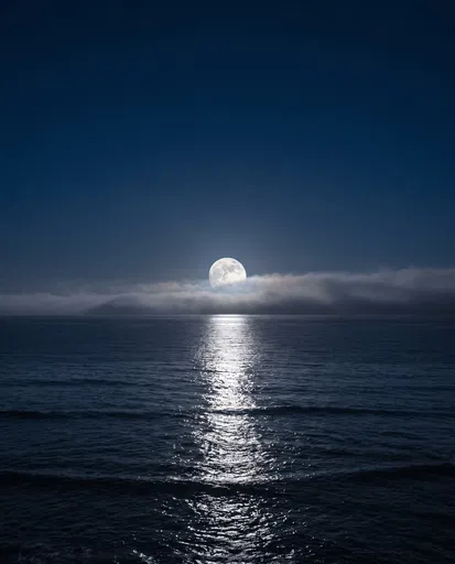 Full Moon Rising Over Calm Ocean