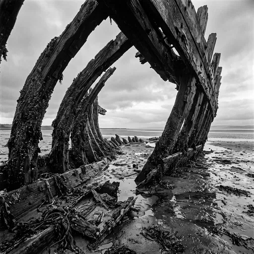 Monochrome Wooden Shipwreck Ribs on Mudflats