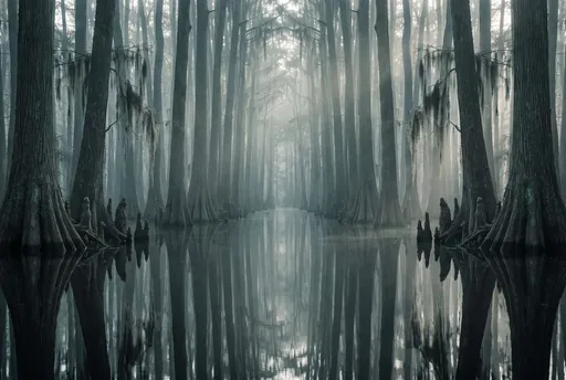 Symmetrical Misty Cypress Swamp Reflection