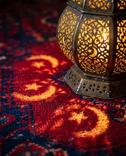 Brass Lantern Projecting Crescent Light on Rug