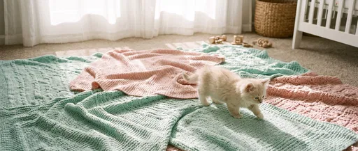 Cream Kitten Walking on Pastel Blankets