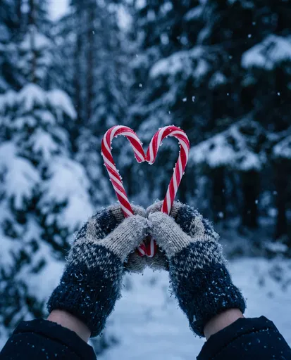 Mittened Hands Holding Candy Cane Heart