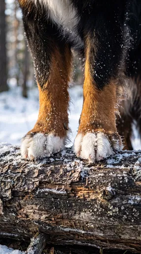 Bernese Mountain Dog Paws on Snowy Log