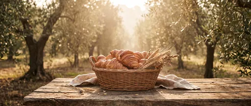 Croissants in Basket on Rustic Orchard Table
