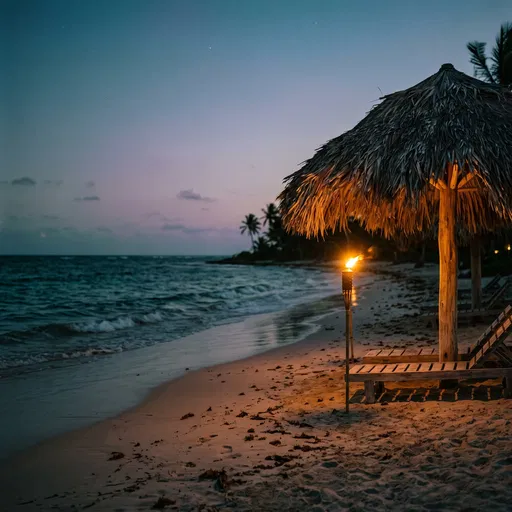 Tropical Beach Palapa Illuminated by Torchlight
