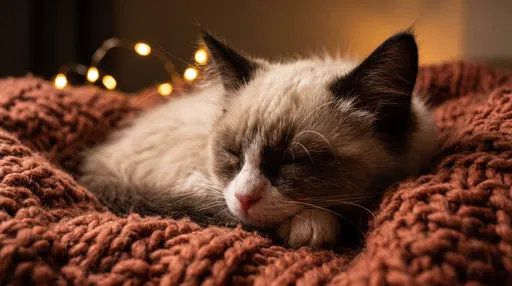 Sleeping Ragdoll Kitten on Knit Blanket