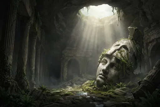 Ancient Subterranean Shrine With Giant Statue Head