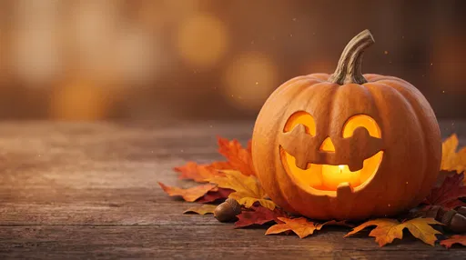 Smiling Carved Pumpkin on Autumn Table