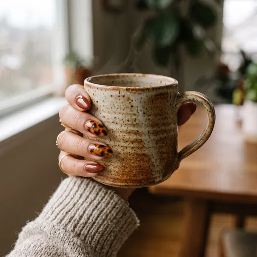 Hand With Tortoiseshell Nails Holding Ceramic Mug