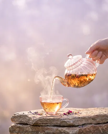 Pouring Floral Tea Into Glass Cup