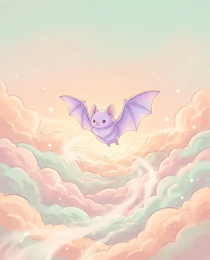 Cute Pastel Lavender Bat in Clouds