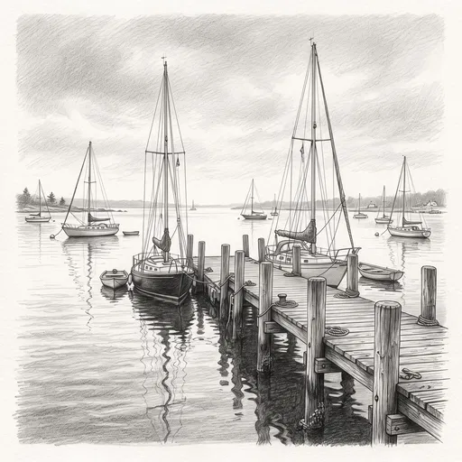 Graphite Drawing of Sailboats at Pier