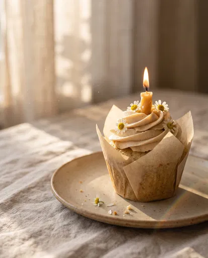 Artisanal Cupcake With Lit Beeswax Candle