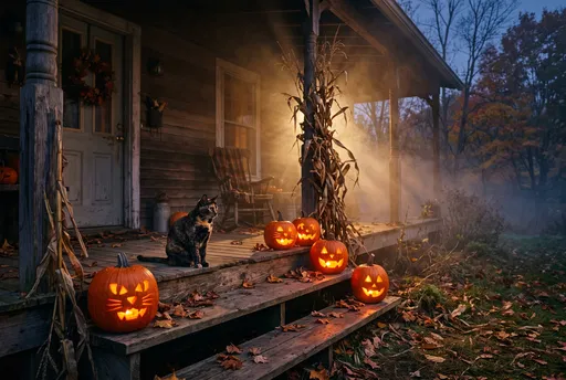 Tortoiseshell Cat on Misty Halloween Porch
