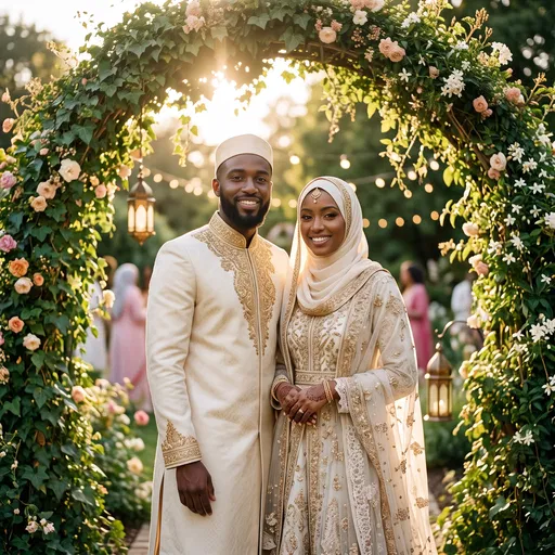 Smiling Muslim Couple Under Floral Archway