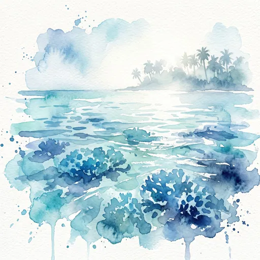 Watercolor Coral Lagoon and Palm Island