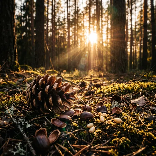 Pine Cone and Kernels in Sunlit Forest