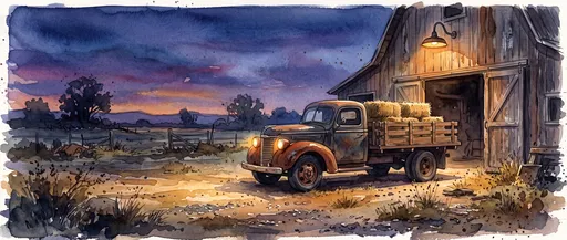 Watercolor Vintage Farm Truck at Twilight