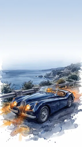 Vintage Navy Roadster Coastal Watercolor Illustration
