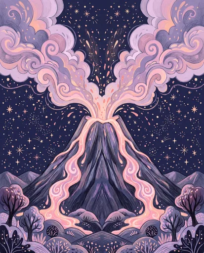 Symmetrical Pastel Volcano Night Eruption Illustration