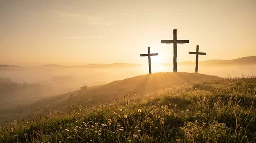 Three Crosses on Hilltop at Sunrise