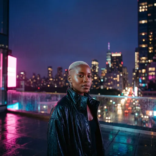 Stylish Woman on Rainy City Terrace