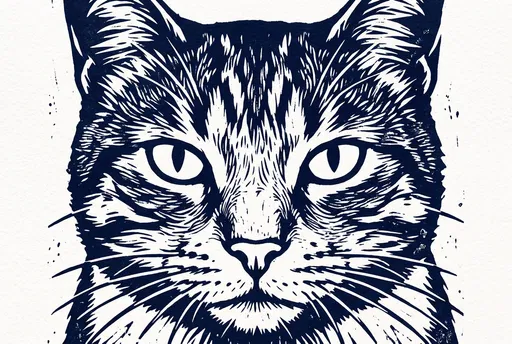 Midnight Blue Woodcut Cat Face Illustration