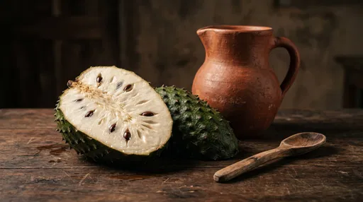 Halved Soursop Fruit On Rustic Table