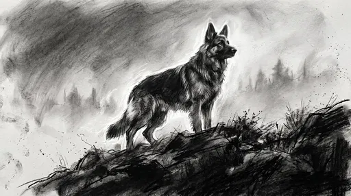 Charcoal Drawing of German Shepherd on Ridge