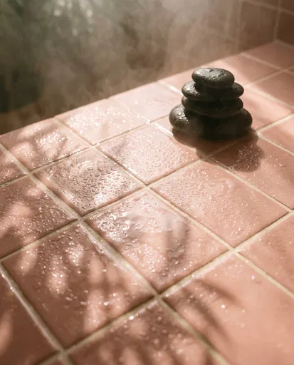 Wet Blush Tile Surface With Zen Stones