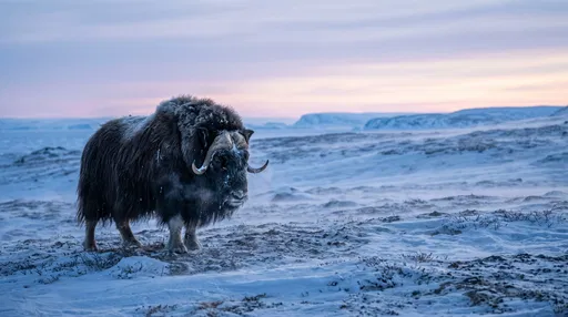 Muskox Standing on Snowy Arctic Tundra