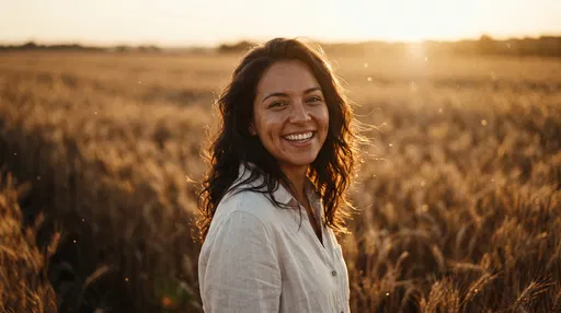 Smiling Woman in Golden Wheat Field